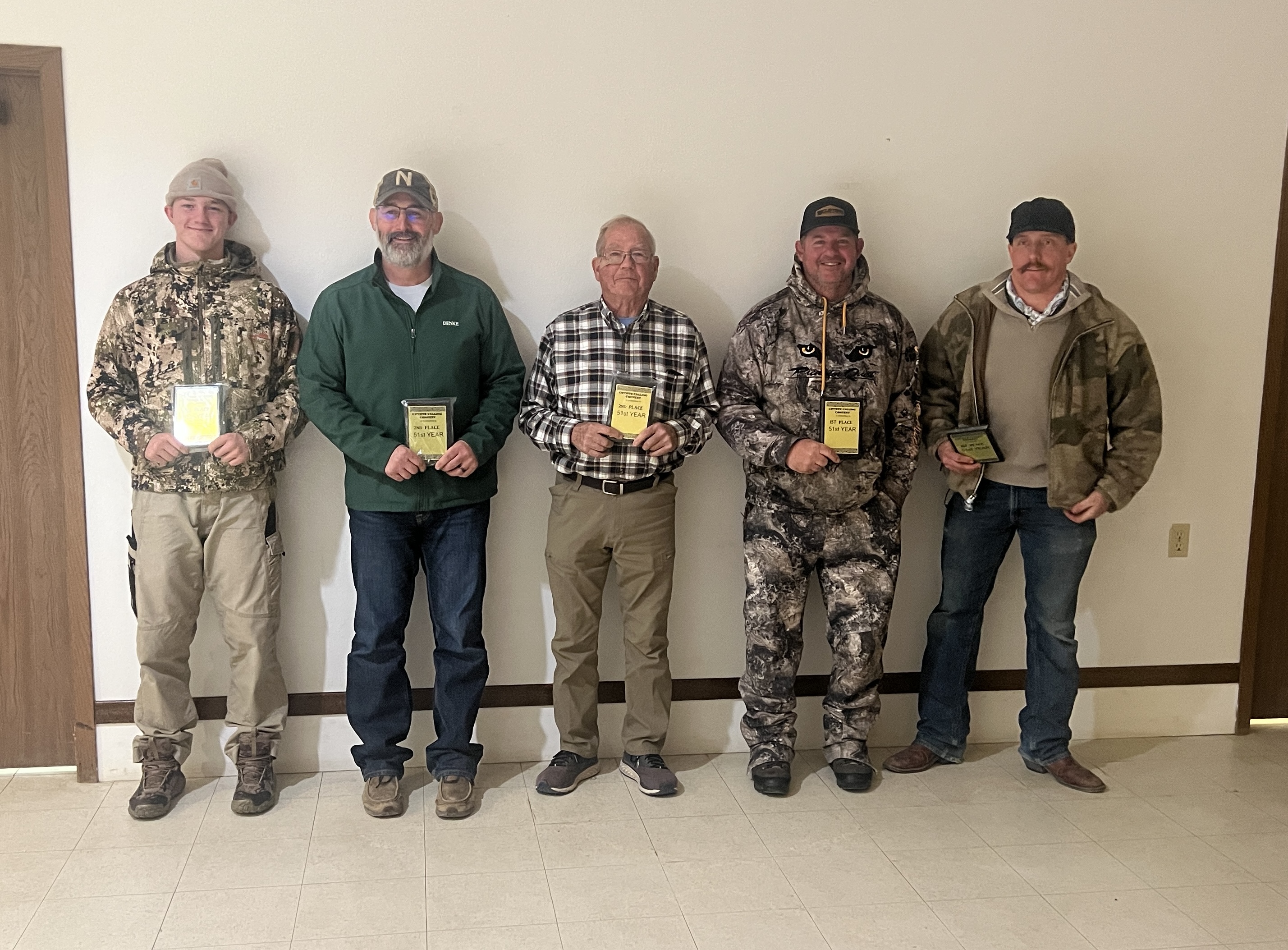 Photo submitted  The Sons of the American Legion hosted the 51st annual Predator Calling Contest this past weekend November 7, 8, 9. A total of 30 coyotes were shot by only 12 teams reporting in. First place went to the team of Rick Heath and Justin Smokov with 6; Second place Tony Denke and Les Riss 3; Third place Jordan Risse and Matt Risse (not pictured) 3.