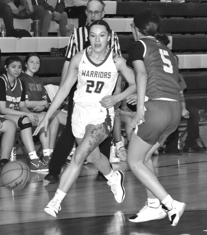 Photo by Mandy Scherer Amia Cottier drives around the outside during varsity girls basketball play against Little Wound.