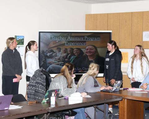 Photo by Tim Huether  Bennett County High School students from left: Liv McMillan, Madi Waln, Raven Heathershaw and Clara Weber did a nice job on their presentation to the Bennett County School District Board Monday night. They are involved in the Teacher Assistant Program and informed the board of how it works and what they have experienced through it. 