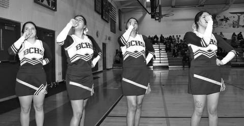 Photo by Taylor Risse The Bennett County cheerleaders did a great job getting the crowd pumped up at the Region game between Pine Ridge and Bennett County last week.