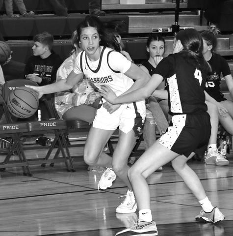 Photo by Taylor Risse Reagan O’Neill looks to drive past a Lady Hawk on her way to the basket and scoring nine points.