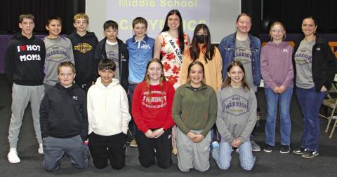 Photo by Jacob Waln The Bennett County host the Acalympics at the Legion auditorium, last Wednesday. Those pictured, back row, from left to right, Ryker Heath, Ryder Byerley, Tay Risse, Kesler Brunsch, Rhyder Harris, Miss South Dakota, Shayla Lone Wolf, Izzy Christensen, and Chloe Louden. Front row, from left to right, Rei Waln, Ledanien Kamerzell, Clara Weber, Aris Fanning, and Sadie Schomp. Not pictured includes: Kendyll Risse and Coach Josie Divan.