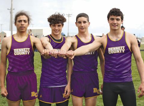 Photo by Tim Huether The Warrior boys won the 4x100 relay at the Western Great Plains Conference Track and Field meet last week in Kadoka. Pictured from left: Ben Theurer, Teagan Gropper, Rush O’Neill and Tyce Gropper. Their time of 45.69 has them currently qualifying for the state meet.