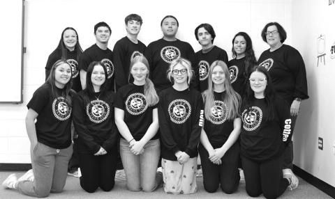The cast of ‘Frumpled Fairy Tales’ Front Row: Ally Salomon, Sara Fuchs, Jadyn Boomer, Tegyn Kolb, Hadley Schomp, Lilly Cotten; back row: Amia Cottier, Dante Rascher, Camden O’Bryan, Duane Reddest, Malcolm Hermann, Sophia May, Director Karen Goetzinger. Photo submitted