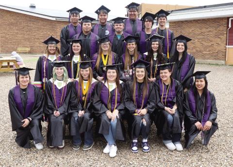 Photo by Taylor Risse The Bennett County High School Class of 2024 graduated last Saturday, May 12. Pictured (left to right) front row: Shannon Mesteth, Tegyn Kolb, Jadyn Boomer, Kassidy Heathershaw, Amia Cottier, Taytlin Dillon, Leona DuBray; second row: Julianna Pilcher, Lilly Cotten, Paige Turpin, Alison Novotny, Claire Pearman, Sara Fuchs; third row: Alex Yellow Boy, Vernon Butcher, Aaron Cournoyer; back row: Billy Featherman, DeVon Featherman, Dylan Good Soldier, and Danté Rascher.