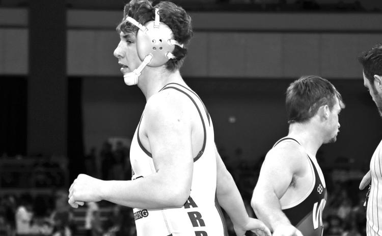 Photo by Mandy Scherer Ethan Harris shakes hands with his opponent after his first round state finals match at 190 pounds.