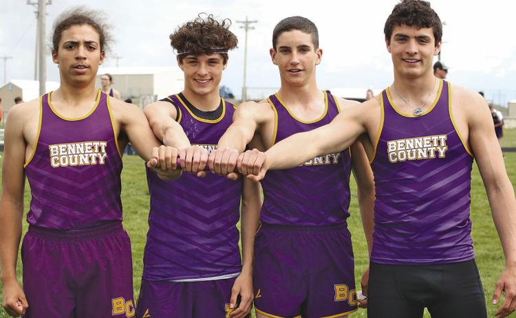 Photo by Tim Huether The Warrior boys won the 4x100 relay at the Western Great Plains Conference Track and Field meet last week in Kadoka. Pictured from left: Ben Theurer, Teagan Gropper, Rush O’Neill and Tyce Gropper. Their time of 45.69 has them currently qualifying for the state meet.