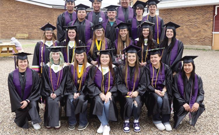 Photo by Taylor Risse The Bennett County High School Class of 2024 graduated last Saturday, May 12. Pictured (left to right) front row: Shannon Mesteth, Tegyn Kolb, Jadyn Boomer, Kassidy Heathershaw, Amia Cottier, Taytlin Dillon, Leona DuBray; second row: Julianna Pilcher, Lilly Cotten, Paige Turpin, Alison Novotny, Claire Pearman, Sara Fuchs; third row: Alex Yellow Boy, Vernon Butcher, Aaron Cournoyer; back row: Billy Featherman, DeVon Featherman, Dylan Good Soldier, and Danté Rascher.
